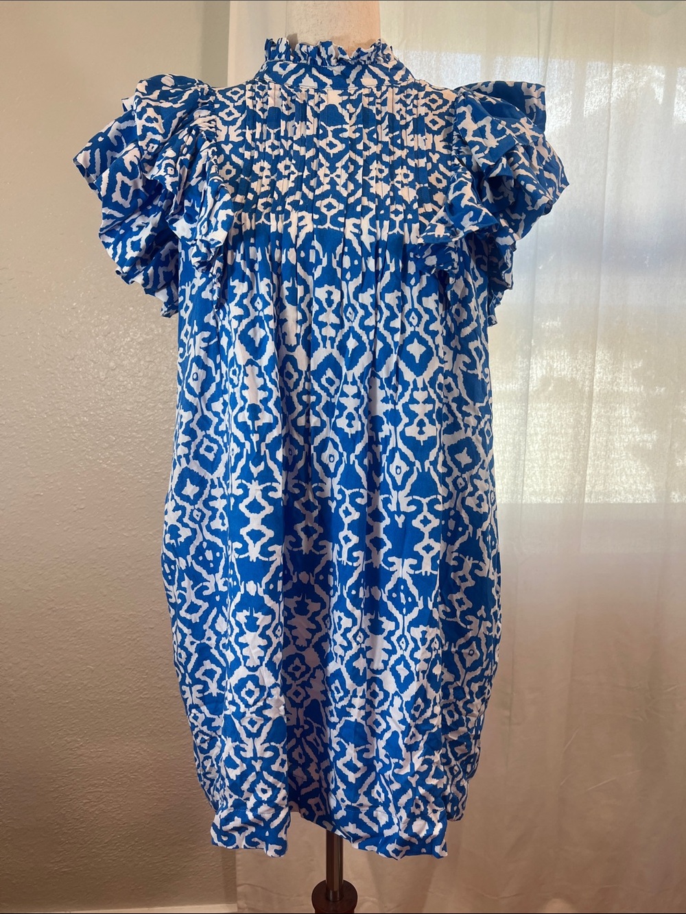 Hyacinth House Blue & White Ikat Ruffle-Shoulder Mini Dress. Size S. NWOT